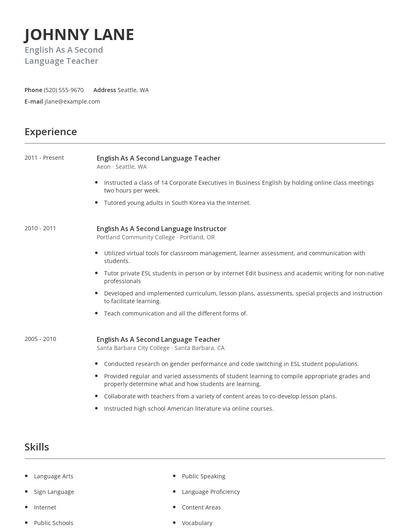 English As A Second Language Teacher Resume