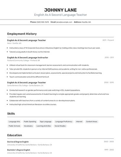 English As A Second Language Teacher Resume