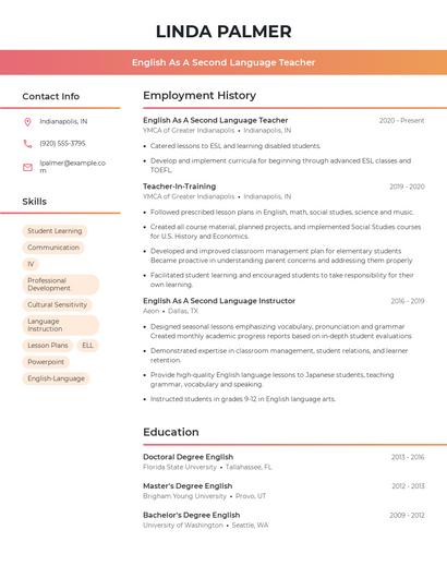 English As A Second Language Teacher Resume