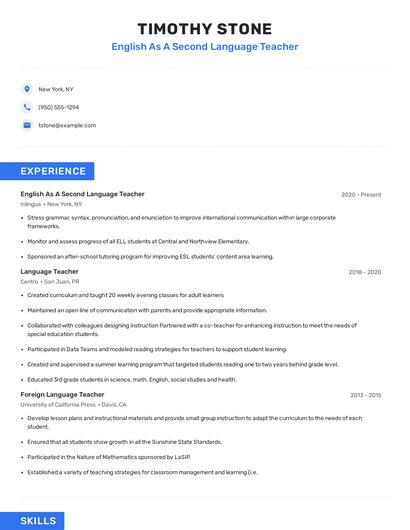 English As A Second Language Teacher Resume