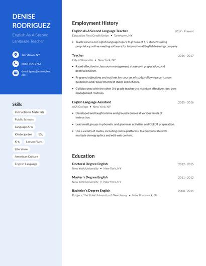 English As A Second Language Teacher Resume