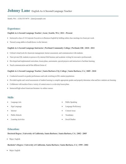 English As A Second Language Teacher Resume