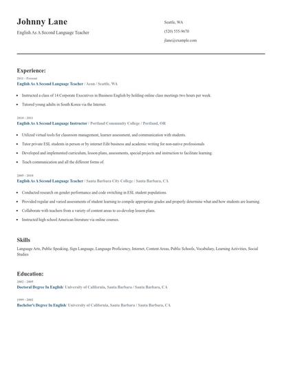 English As A Second Language Teacher Resume