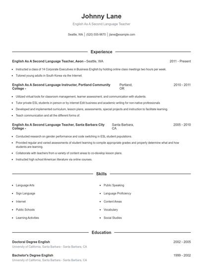 English As A Second Language Teacher Resume