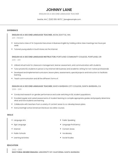 English As A Second Language Teacher Resume