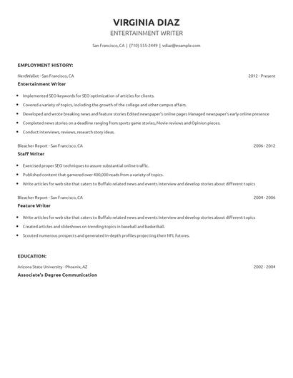 Entertainment Writer Resume