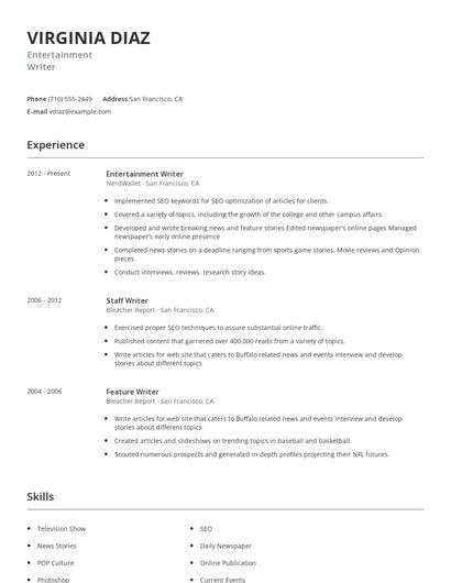 Entertainment Writer Resume