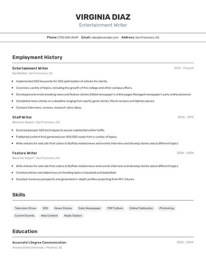 Entertainment Writer Resume