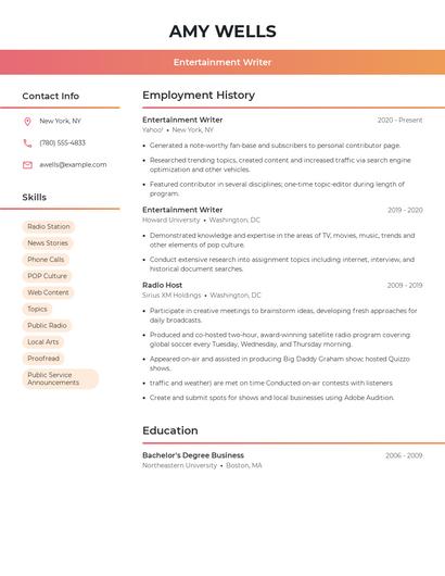 Entertainment Writer Resume