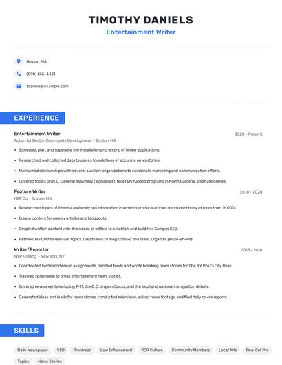 Entertainment Writer Resume