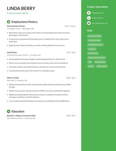 Entertainment Writer Resume