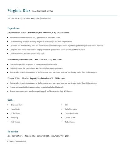 Entertainment Writer Resume