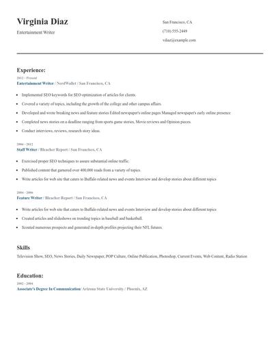Entertainment Writer Resume