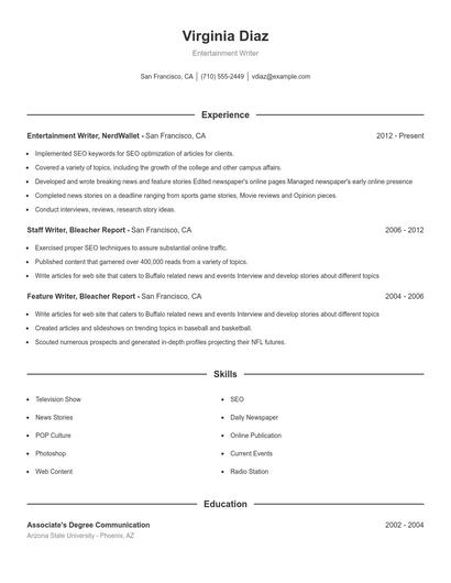 Entertainment Writer Resume