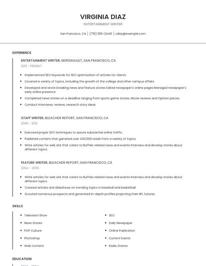 Entertainment Writer Resume