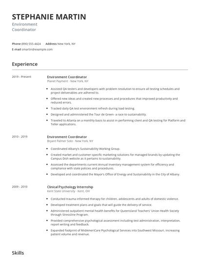Environment Coordinator Resume