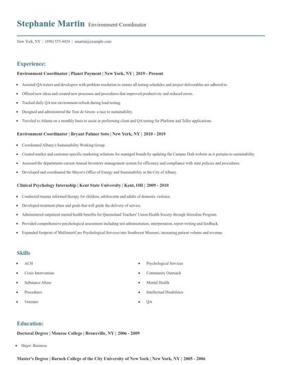 Environment Coordinator Resume