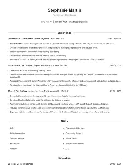 Environment Coordinator Resume