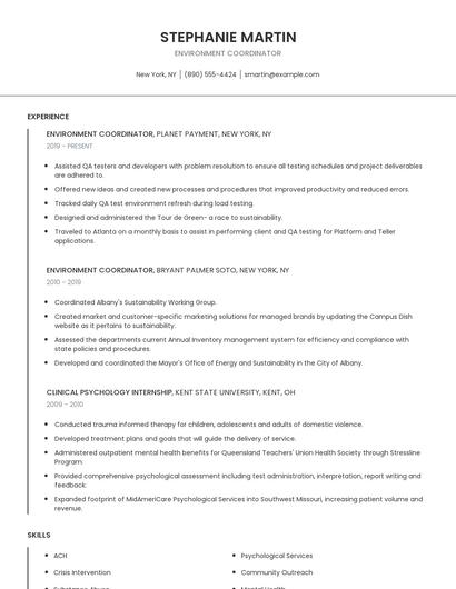 Environment Coordinator Resume