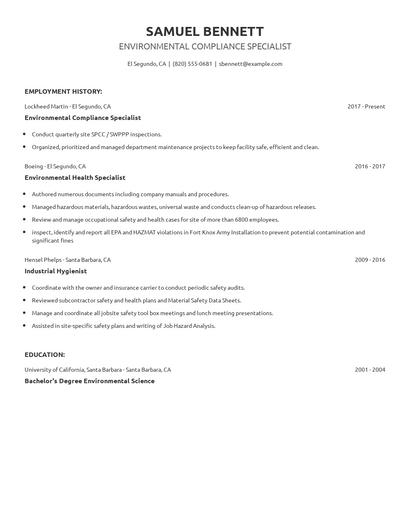 Environmental Compliance Specialist Resume