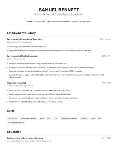 Environmental Compliance Specialist Resume