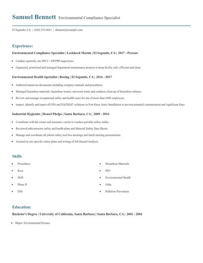 Environmental Compliance Specialist Resume