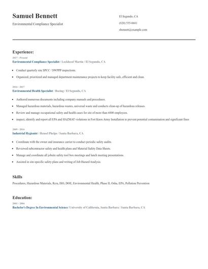 Environmental Compliance Specialist Resume