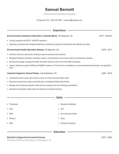 Environmental Compliance Specialist Resume