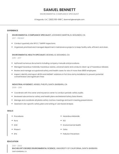 Environmental Compliance Specialist Resume