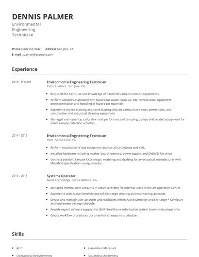 Environmental Engineering Technician Resume
