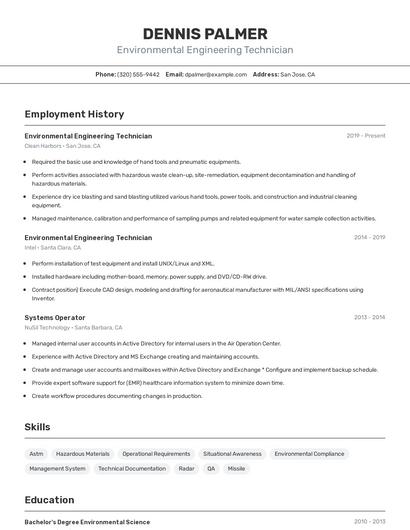 Environmental Engineering Technician Resume