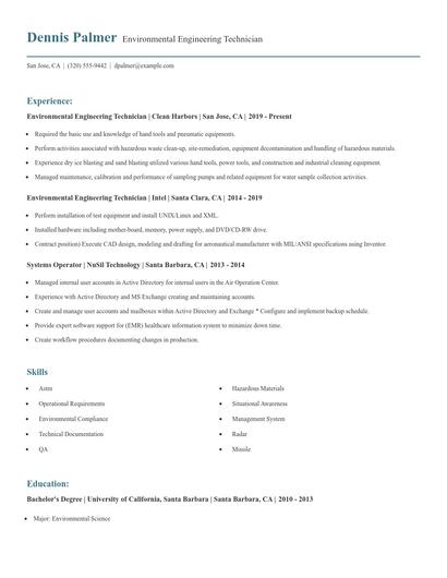 Environmental Engineering Technician Resume