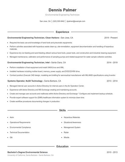 Environmental Engineering Technician Resume