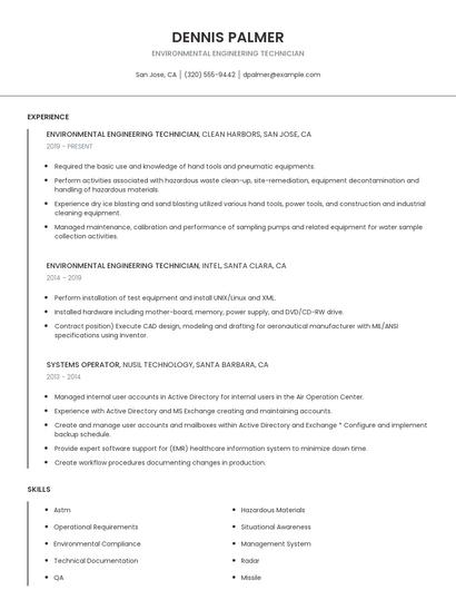 Environmental Engineering Technician Resume