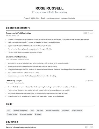 Environmental Field Technician Resume