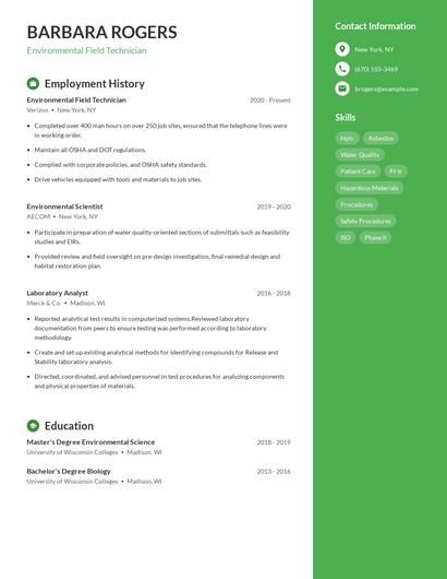Environmental Field Technician Resume
