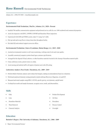 Environmental Field Technician Resume
