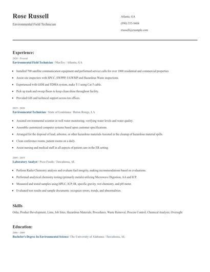 Environmental Field Technician Resume