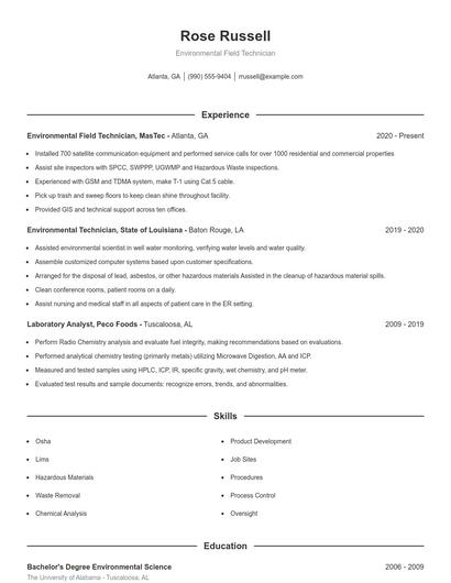Environmental Field Technician Resume