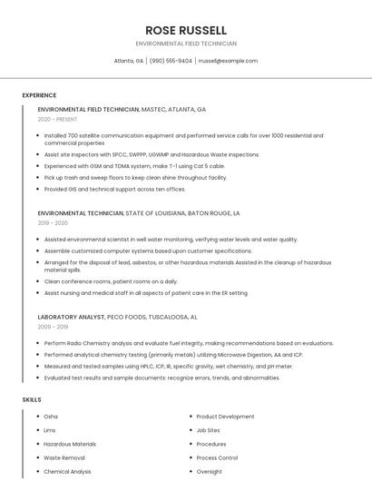 Environmental Field Technician Resume