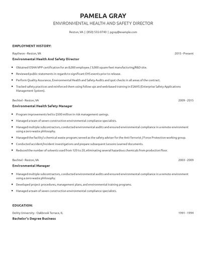 Environmental Health And Safety Director Resume