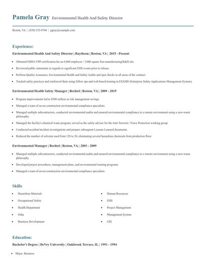 Environmental Health And Safety Director Resume