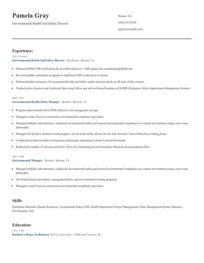 Environmental Health And Safety Director Resume