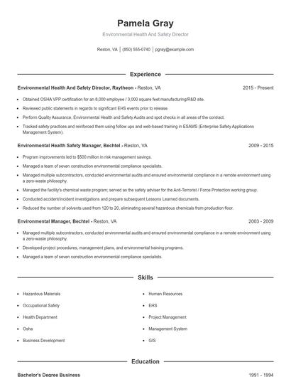 Environmental Health And Safety Director Resume