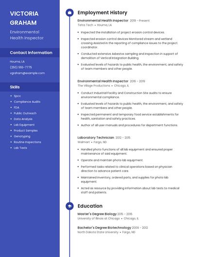 Environmental Health Inspector Resume