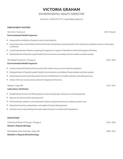 Environmental Health Inspector Resume