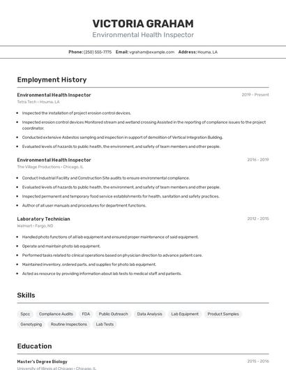 Environmental Health Inspector Resume