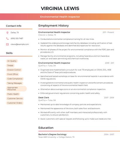 Environmental Health Inspector Resume