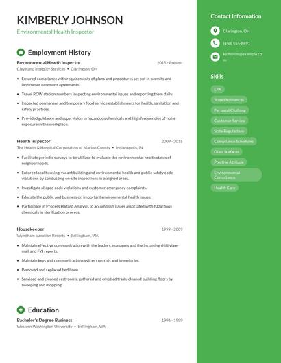 Environmental Health Inspector Resume