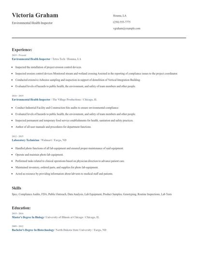 Environmental Health Inspector Resume